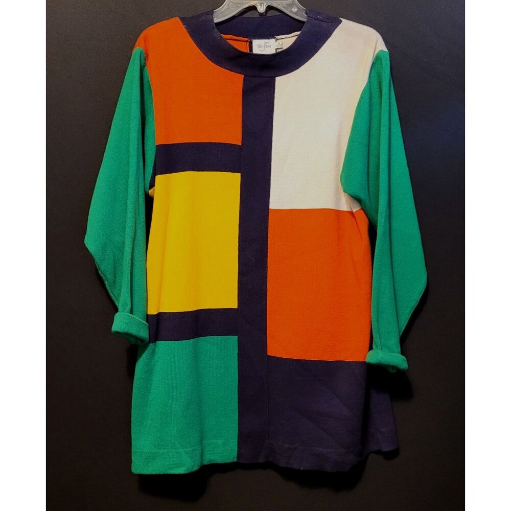 Vintage Color Block Sweater TanJay Bright Tunic Length Long Sleeves Size Med